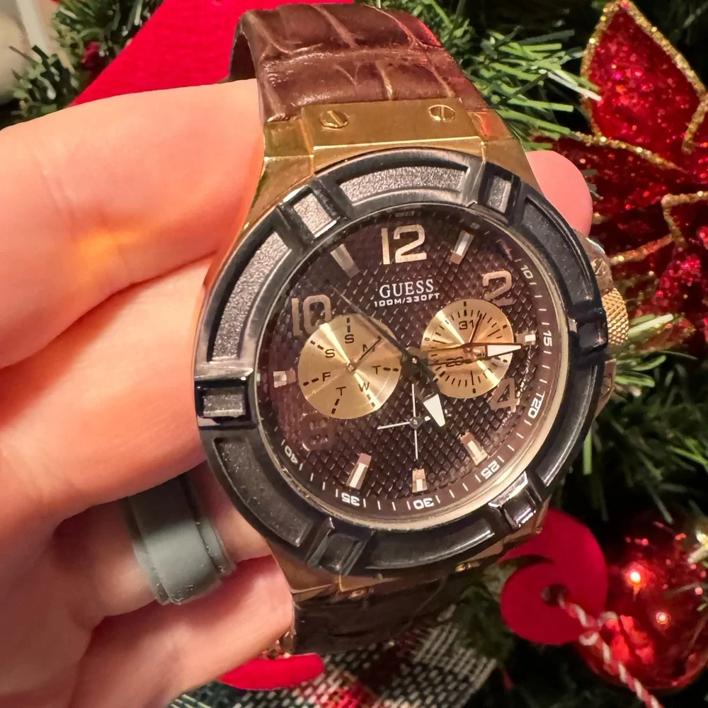 Guess men’s gold brown leather watch